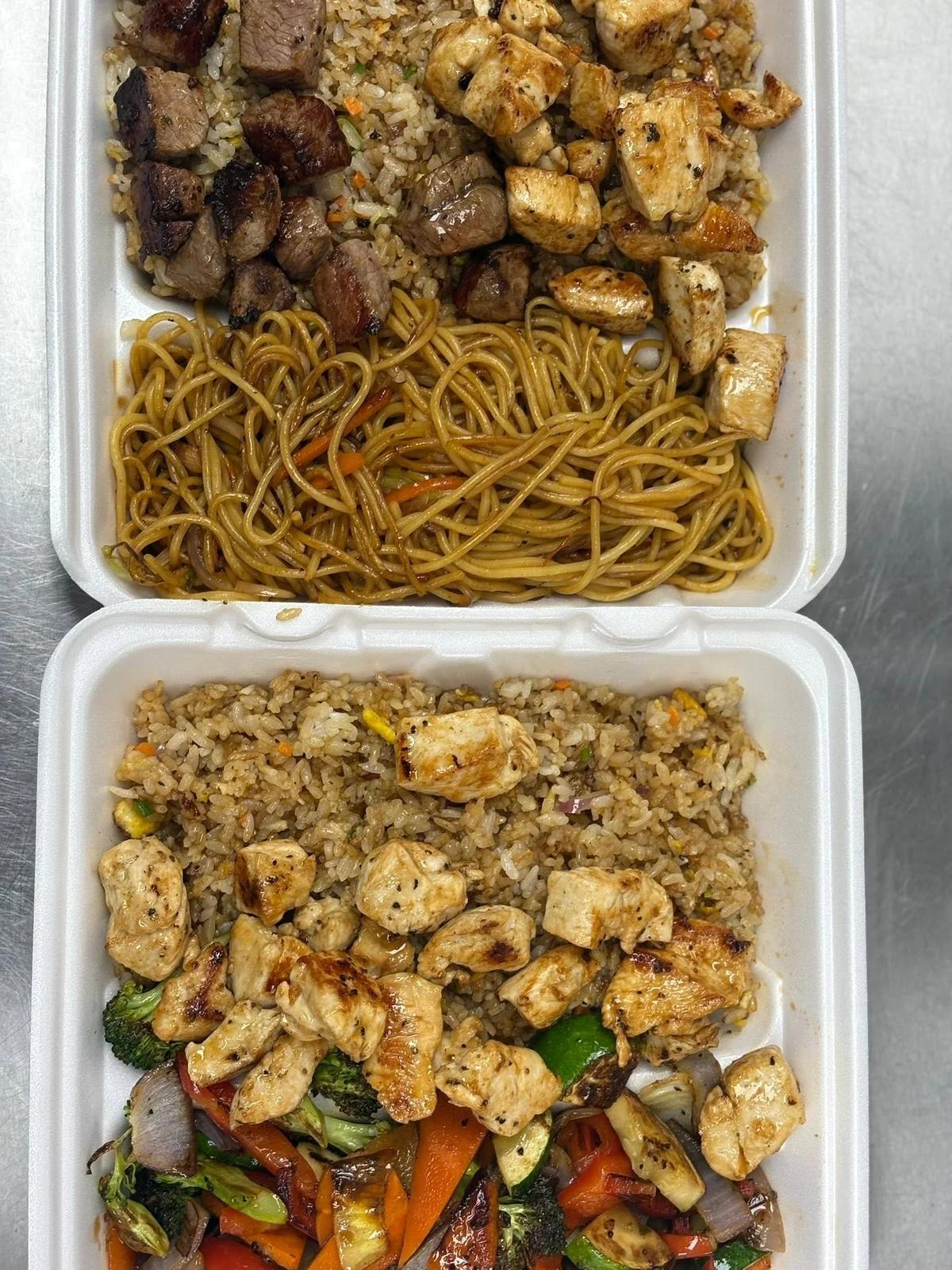 Hibachi steak, noodles and chicken fried rice
