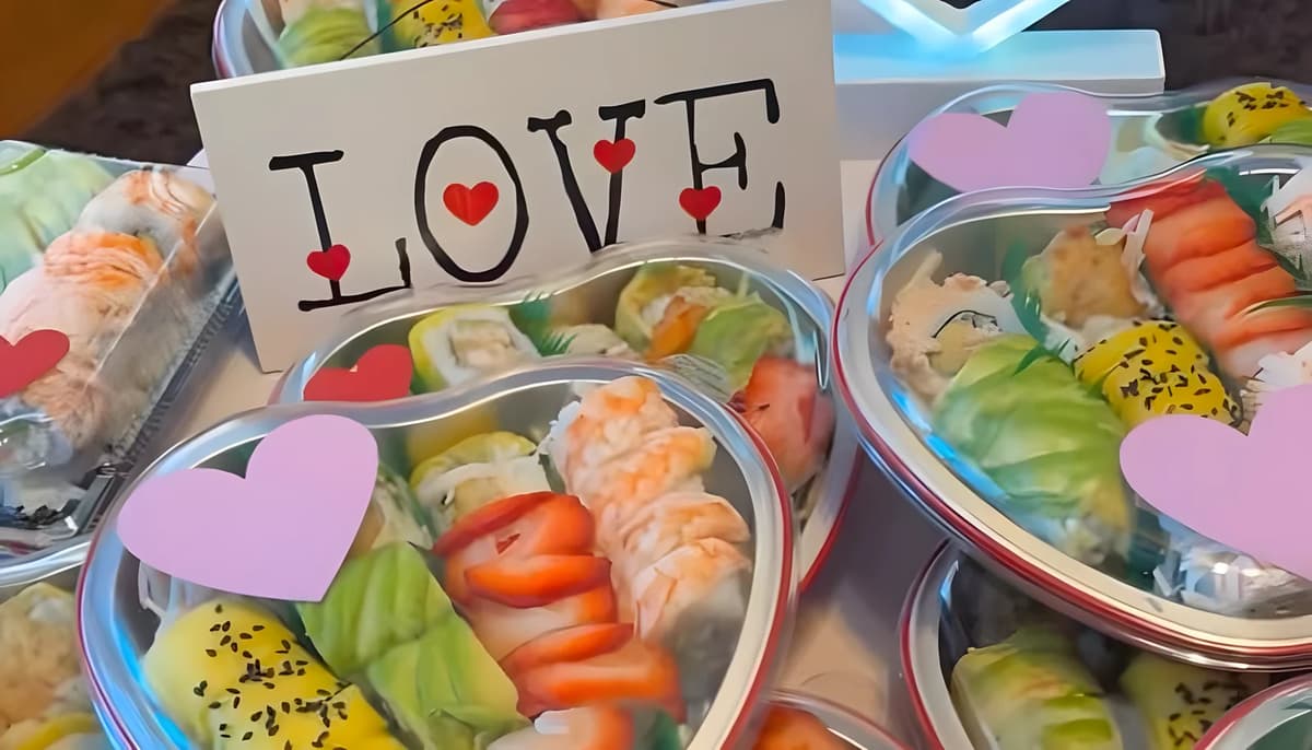 Heart-shaped boxes of Sensei sushi rolls with a LOVE sign